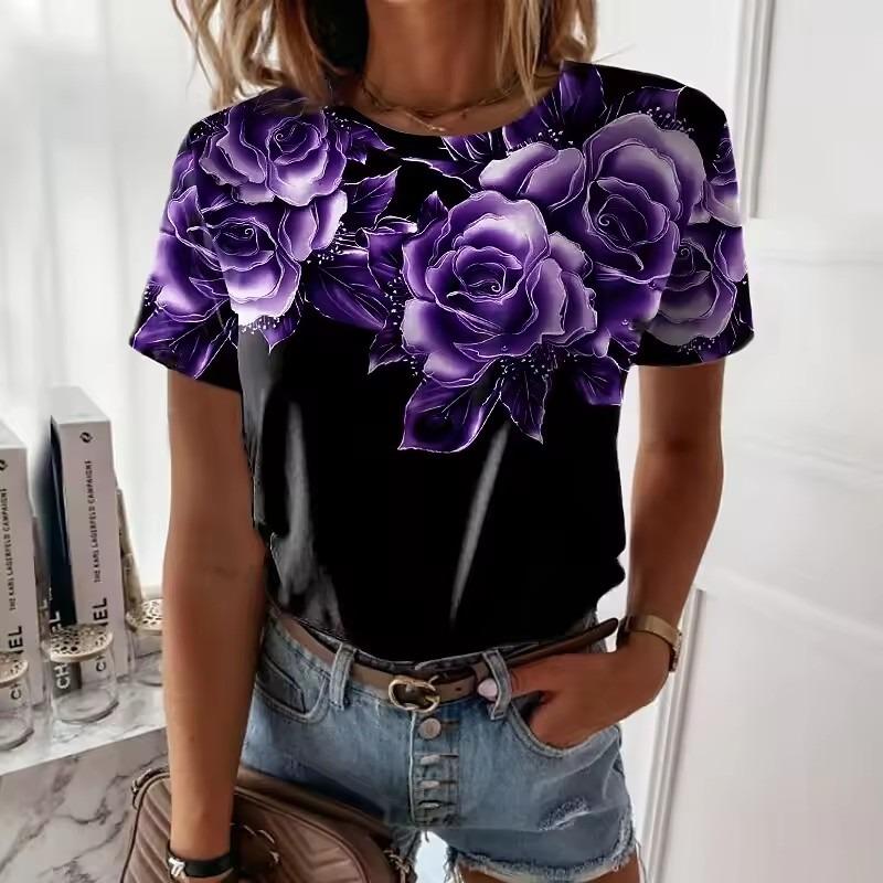 Модная футболка с 3D цветочным принтом для женщин, с круглым вырезом, с коротким рукавом, топы, женские свободные футболки оверсайз, одежда Y2k для девочек, футболки