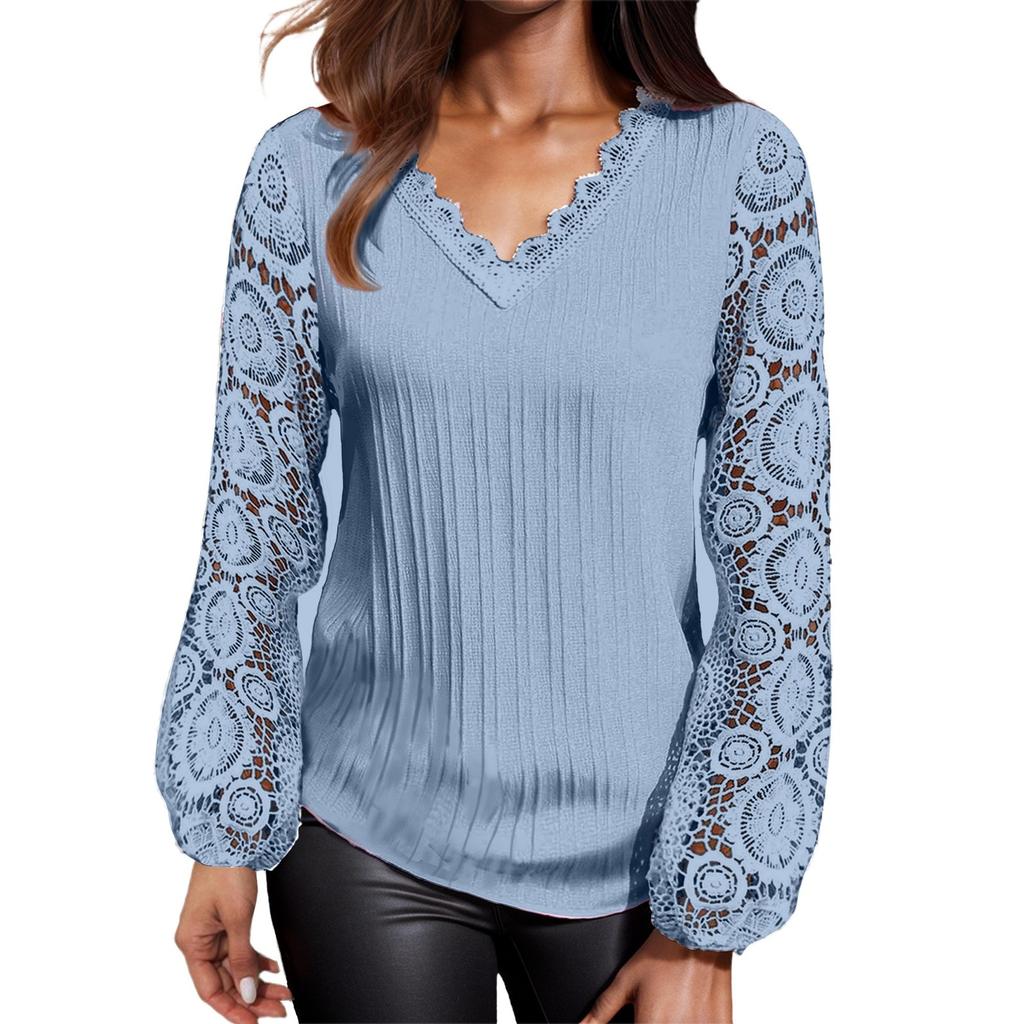 Женская свободная повседневная футболка с v-образным вырезом и кружевом в стиле пэчворк с длинными рукавами