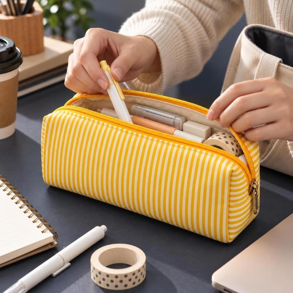 Polyester Bubble Yarn Pencil Case Striped Print Pen Bag Minimalist Stationery Pouch Gift