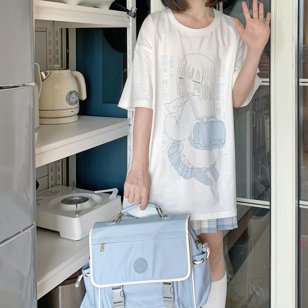 Japanese Kawaii Anime T Shirts Women Sweet Couples Cute Cartoon Print Tshirt Tees White Tops Summer