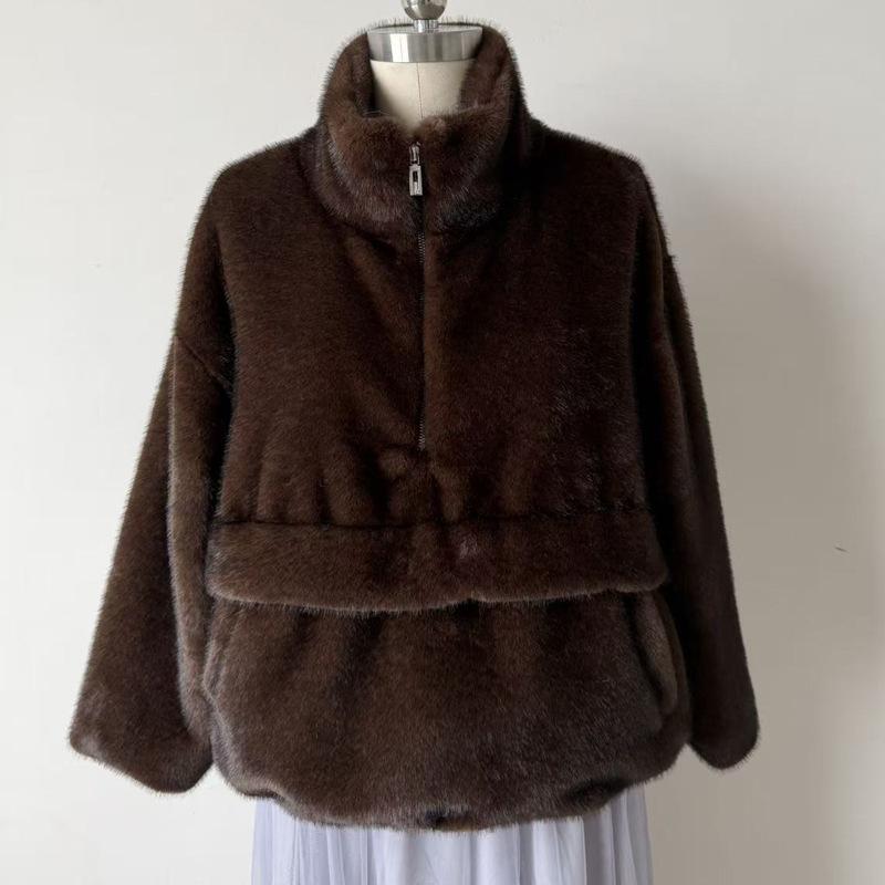 European and American retro pullover mink sweater warm solid color fur jacket top stand-up collar brown imitation fur jacket