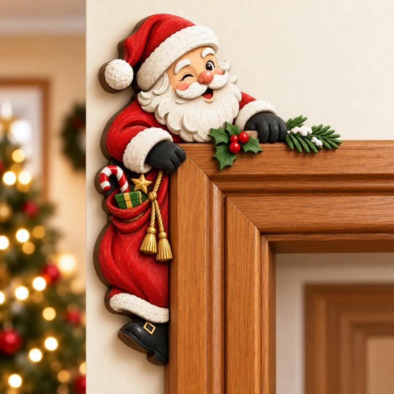 Wooden Christmas Door Frame Corner Decor Set - Gingerbread Man Design Rustic Home Holiday Ornament Indoor Wall Hanging