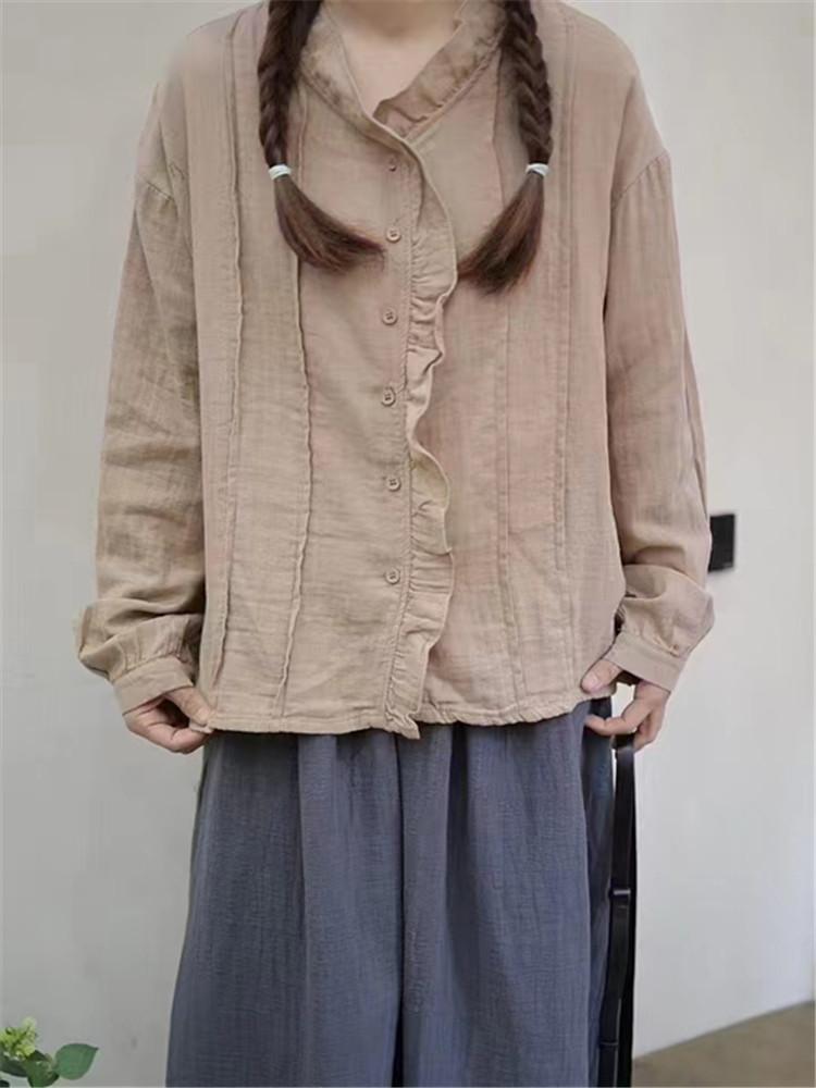 Johnature Винтажная рубашка женская весенняя V-образная горловина грибок кромка однобортный повседневный топ женский