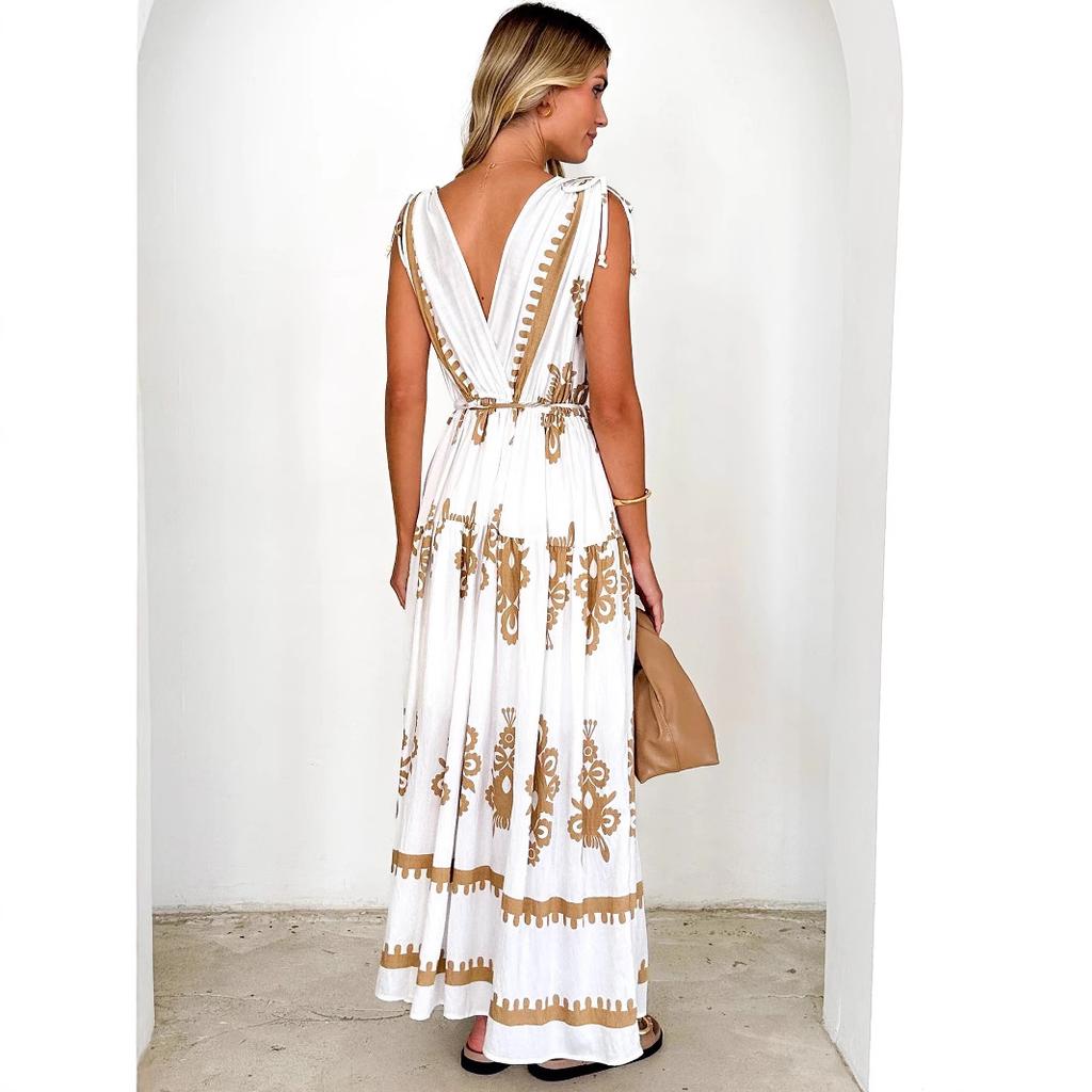 Women's Boho Floral Beach Dress Sleeveless Summer Deep V Neck Maxi Dress Casual Smocked Flowy A-Line Sundress Party Long Dresses for Women