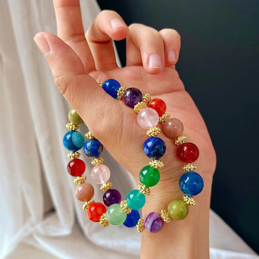 Retro Natural Crystal Duobao Bracelet Bracelet, Powder Crystal Amethyst Lapis Lazuli Chalcedony Agate Bracelet.