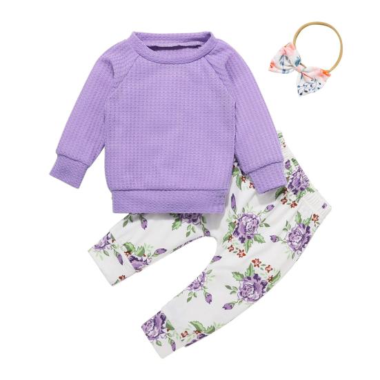 3 шт./компл. Детский костюм из топа и брюк с бантом, повязкой на голову, цветочным принтом, круглым вырезом, длинными рукавами, эластичным поясом и брюками, наряд для различных случаев