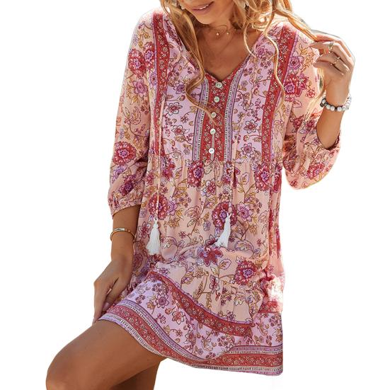 Женское платье Yousheng с цветочным принтом в стиле бохо, повседневное, с длинным рукавом, струящееся, короткое, свободное, с V-образным вырезом, на пуговицах, платье А-силуэта, мини-пляжное платье-сарафан