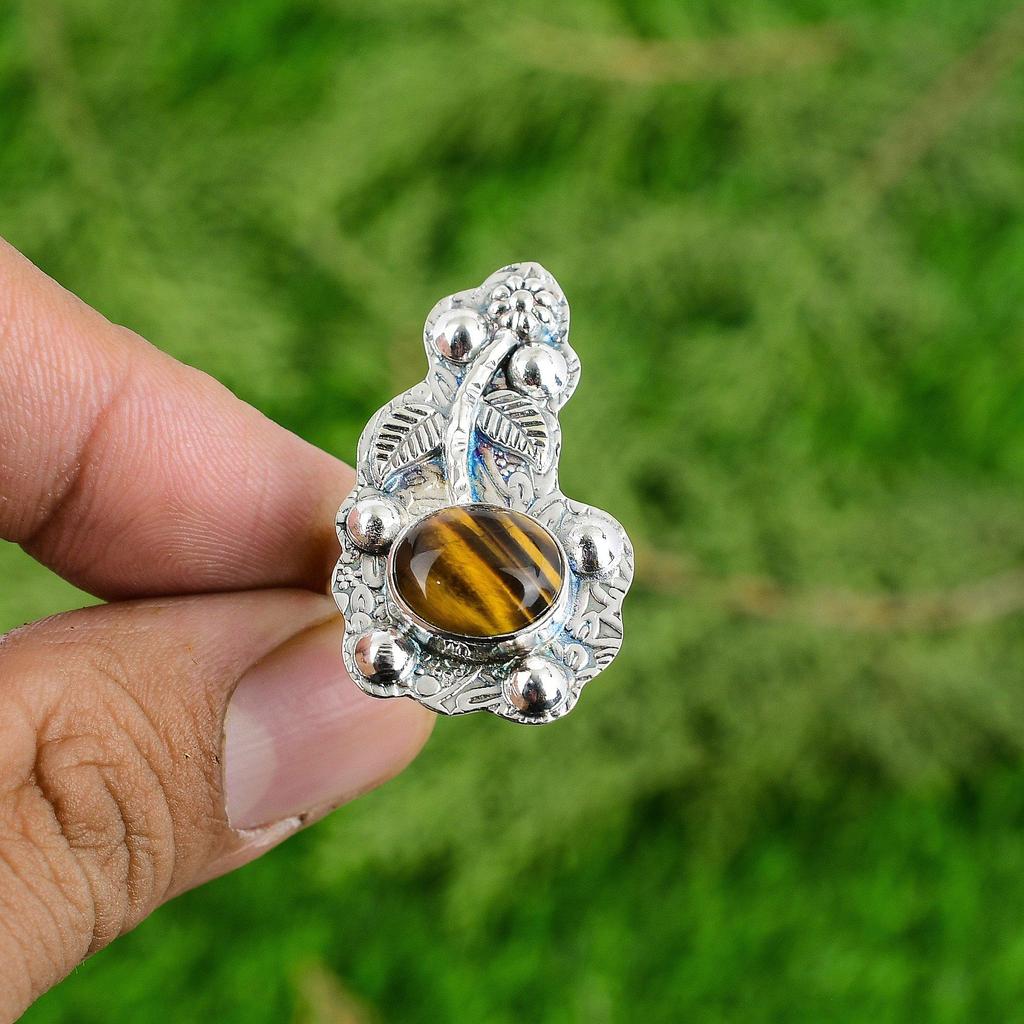 Gift For Her 925 Silver Natural TigerS Eye Solitaire Flower Adjustable Ring