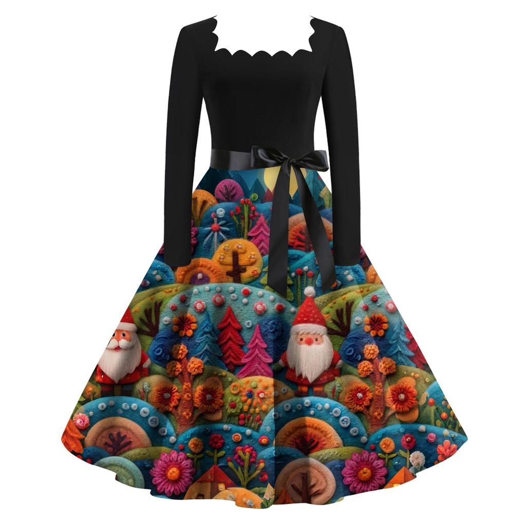 Женское модное ретро вечернее платье с длинным рукавом, квадратным вырезом и рождественским принтом