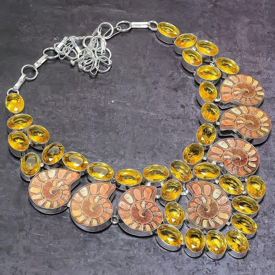 Натуральный окаменелый аммонит, украшение из стерлингового серебра 925 пробы с цитрином, ожерелье 18" p1r58