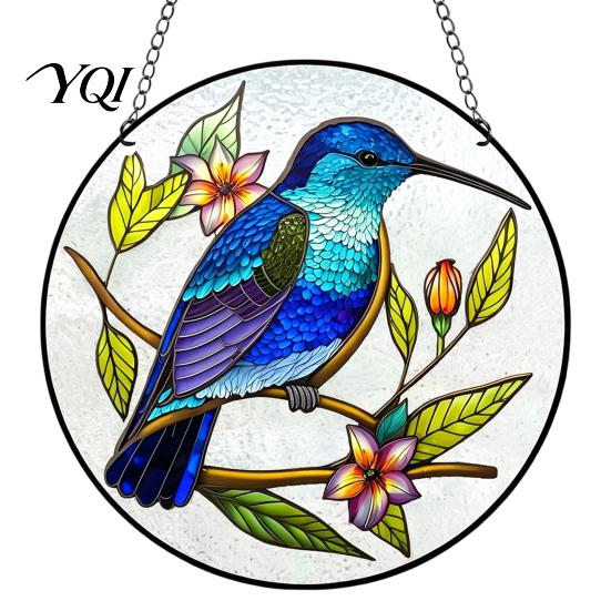 Translucent Acrylic Art Piece Colorful Hummingbird Wall Hanging Decoration, Stained Suncatcher for Window Exquisite Floral Bird Motif Decor,
