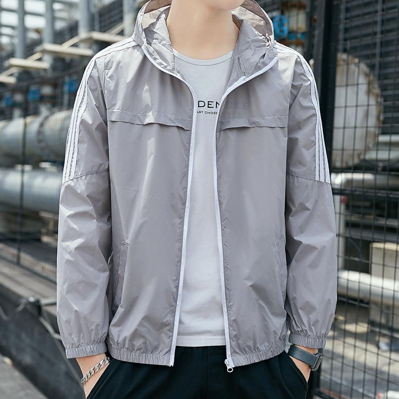 Летняя солнцезащитная куртка, мужская модная универсальная куртка из ледяного шелка в полоску с капюшоном, повседневная легкая ветровка для рыбалки на открытом воздухе