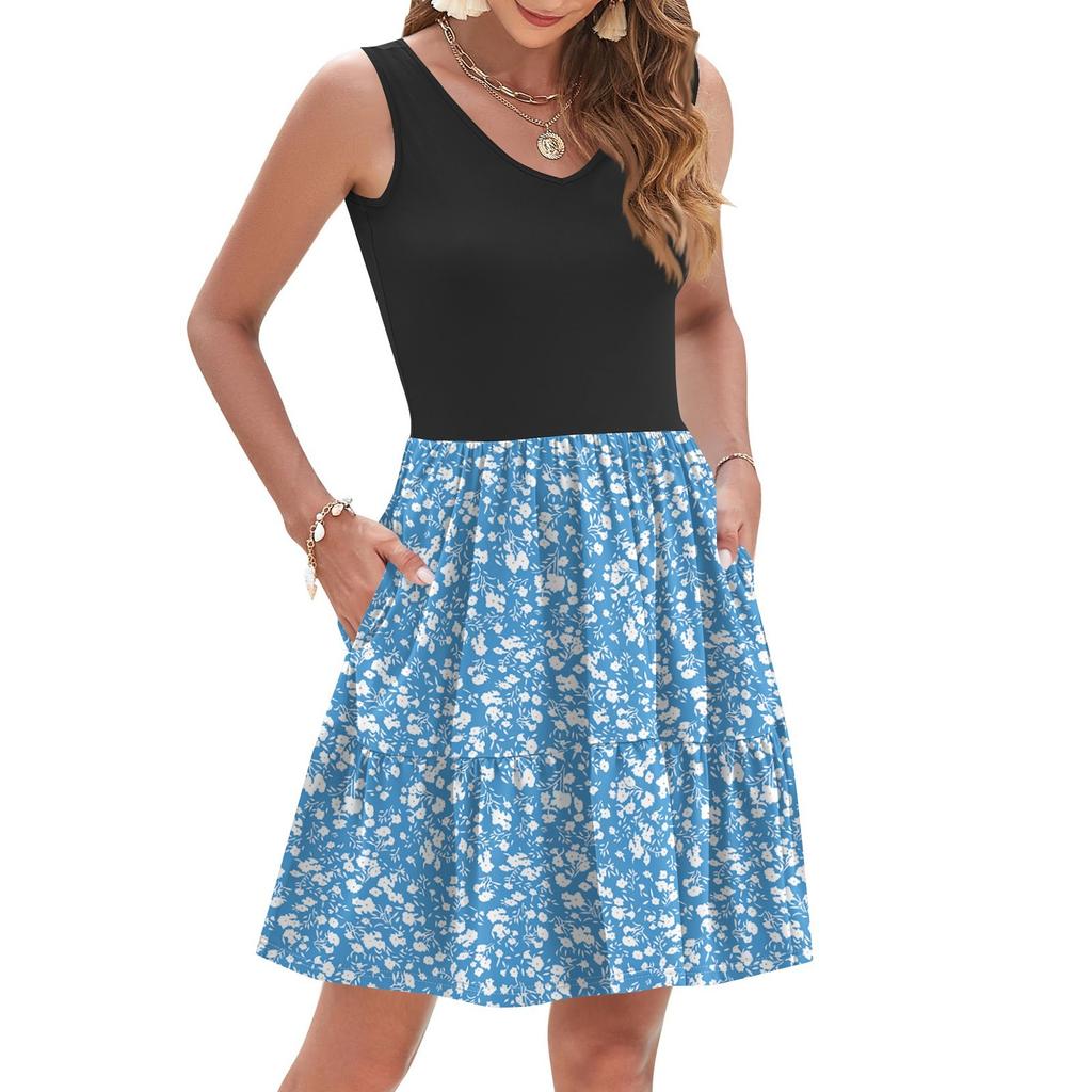 Женское летнее модное повседневное платье без рукавов с V-образным вырезом, плиссированное в стиле пэчворк, винтажный цветочный принт, жилет с карманом