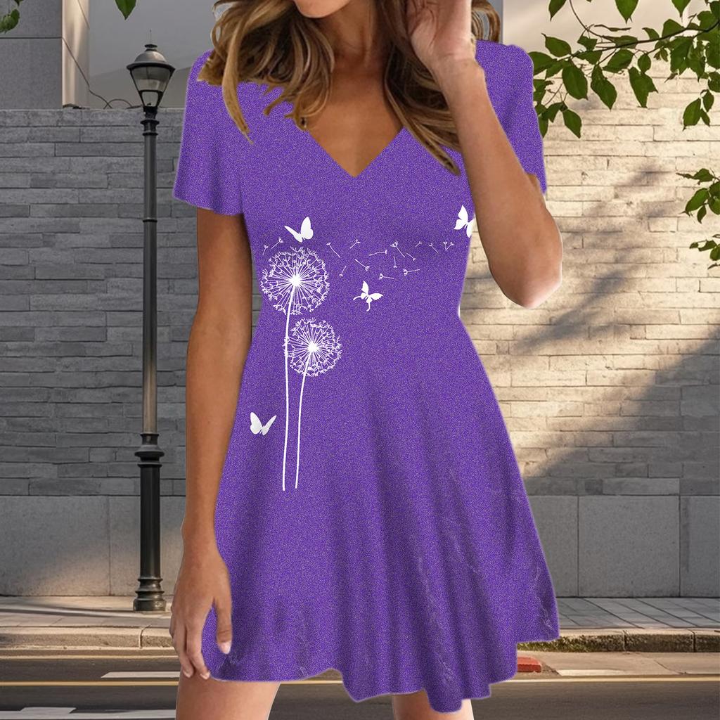 Летняя мода женские V-образный вырез короткий рукав танцы одуванчики принтованное платье сексуальные короткие юбки платья