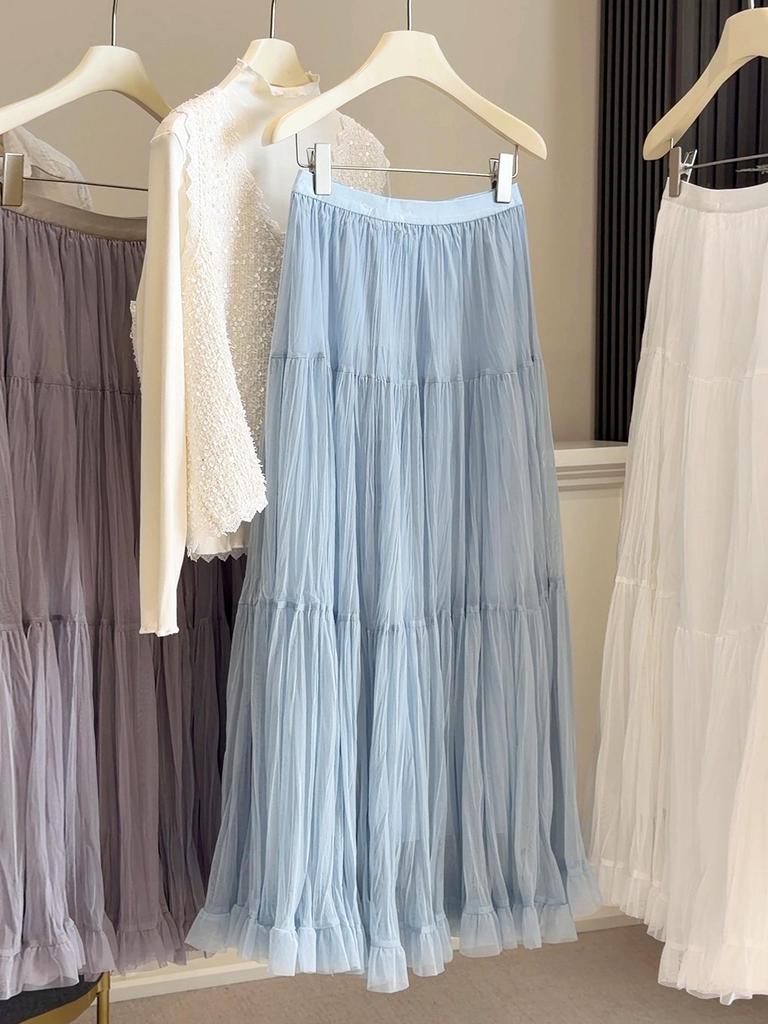French Style High-Waist Midi Skirt: Spring A-Line Pleated Mesh Swing Skirt for Women