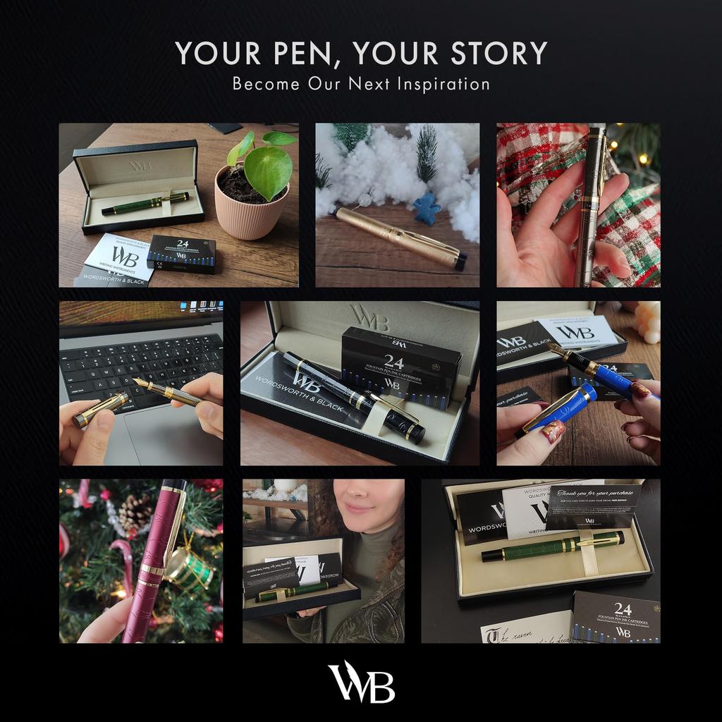 Wordsworth Black Primoli Fountain Pen Set with Extra Fine Gift 24 Ink Refill and Perfect for and Smooth and & [Gunmetal Gold] Nib, Case, Cartridges,
