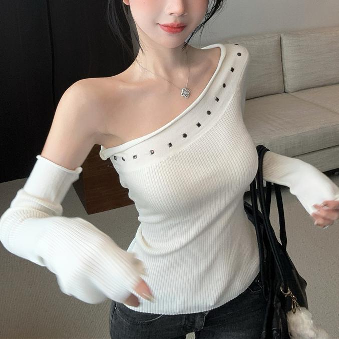 Summer Girl Style Sweater With Rhinestones And Off Shoulder Design For Youth Fashion