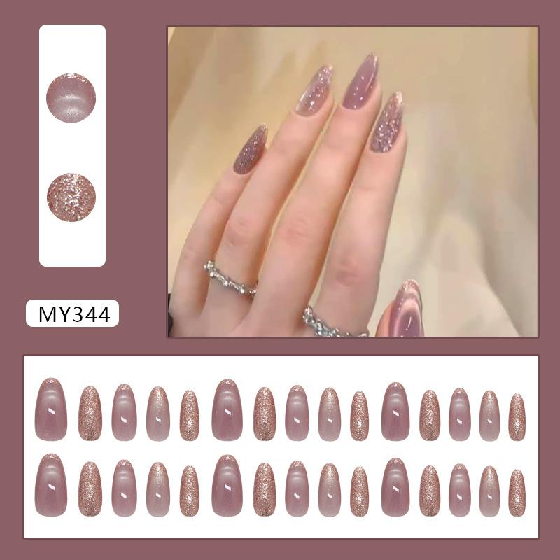 Mist Purple Star Cat Eye Medium Almond Press On Nails Sweet European For Ladies 30pcs Box & Strip Non Special Cosmetics