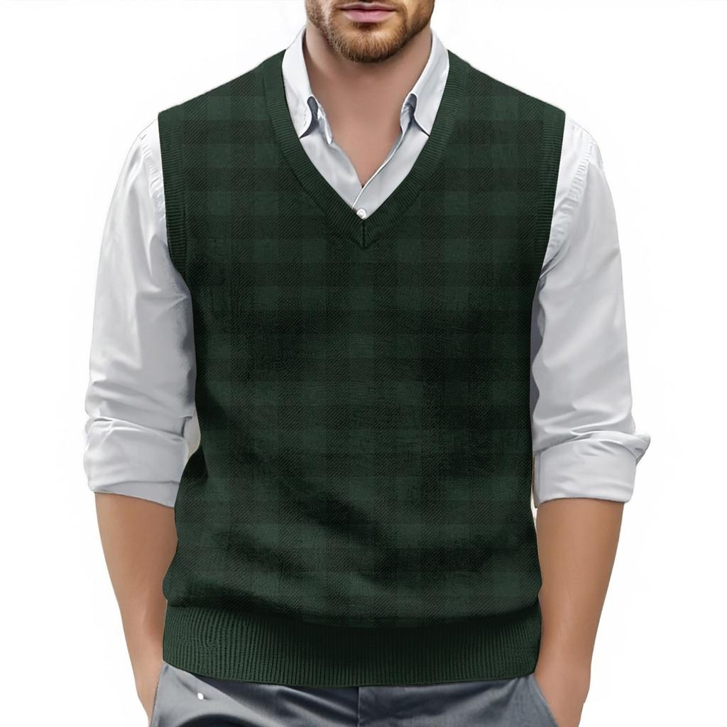 Мужской жилет без рукавов с клетчатым принтом и V-образным вырезом, вязаный джемпер