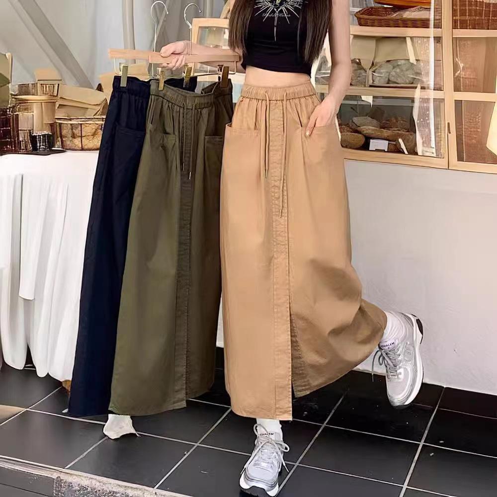 2024 Women's Summer Top Double Pocket Design Half Length Skirt Loose Large Split A-line Skirt