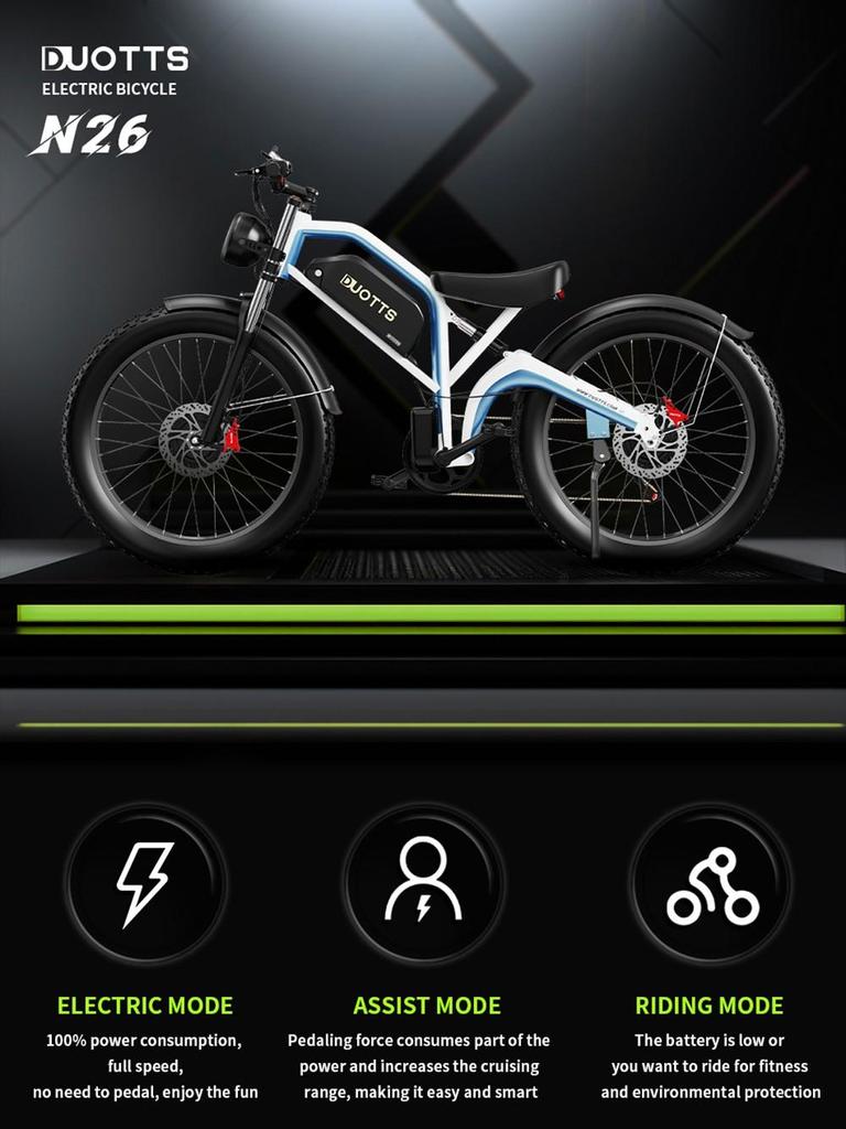 DUOTTS N26 Electric Bike, 750W*2 Motors, 55km/h Max Speed, 26*4.0' Inflatable Tires, 48V 20Ah Samsung Battery, 120-150km Range, Shimano 7-Speed