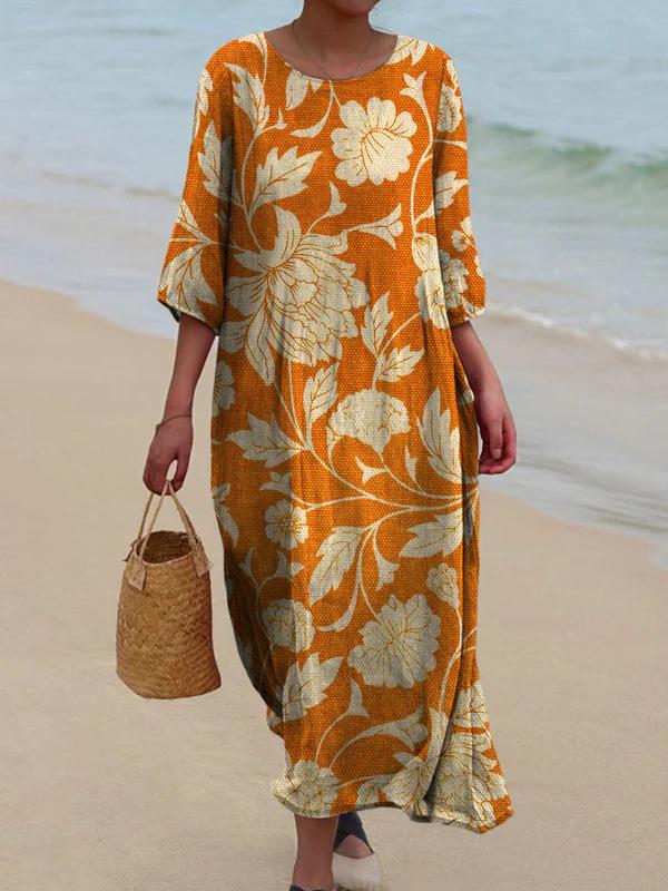 2025 Women's Retro Floral Print Long Sleeve Midi Dress - European & American Vintage Style