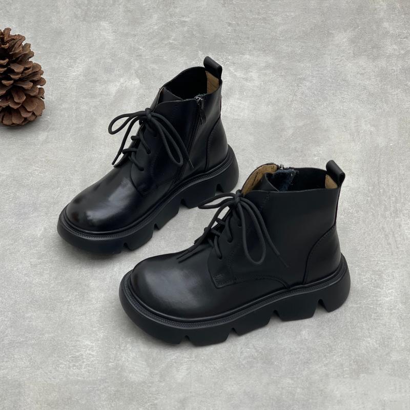 Johnature Ретро ботинки на толстой подошве с круглым носком, универсальные, из натуральной кожи, женские