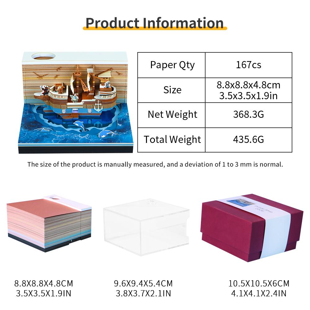 Pirate Ship 3D Memo Pad Creative Paper Craft Pre-cut Calendar Sheets Tear Off Sticky Notes Pad for Nautical Stationery Gift