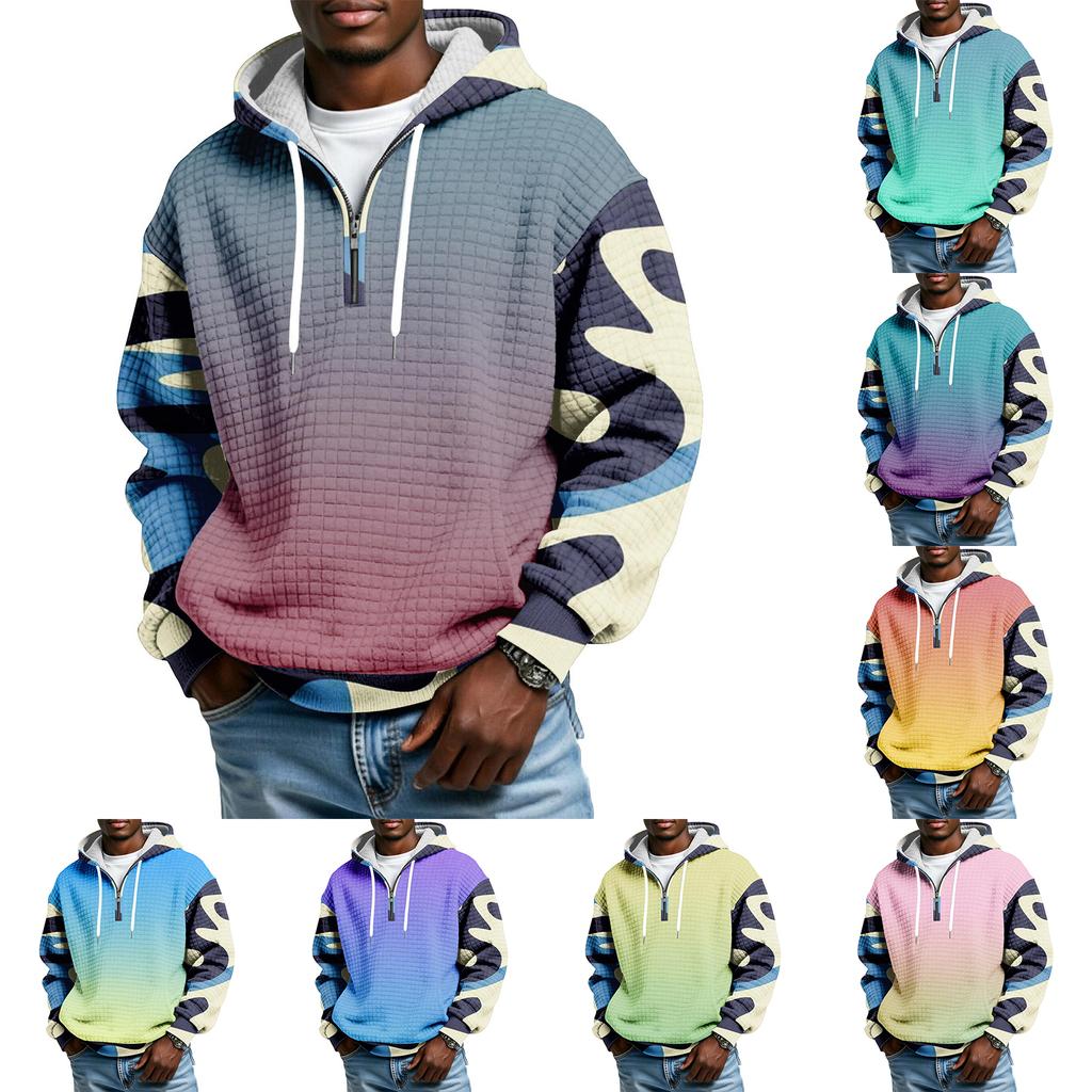 Мужской худи-пуловер в клетку с капюшоном на молнии до середины, со шнурком и принтом, повседневная спортивная толстовка