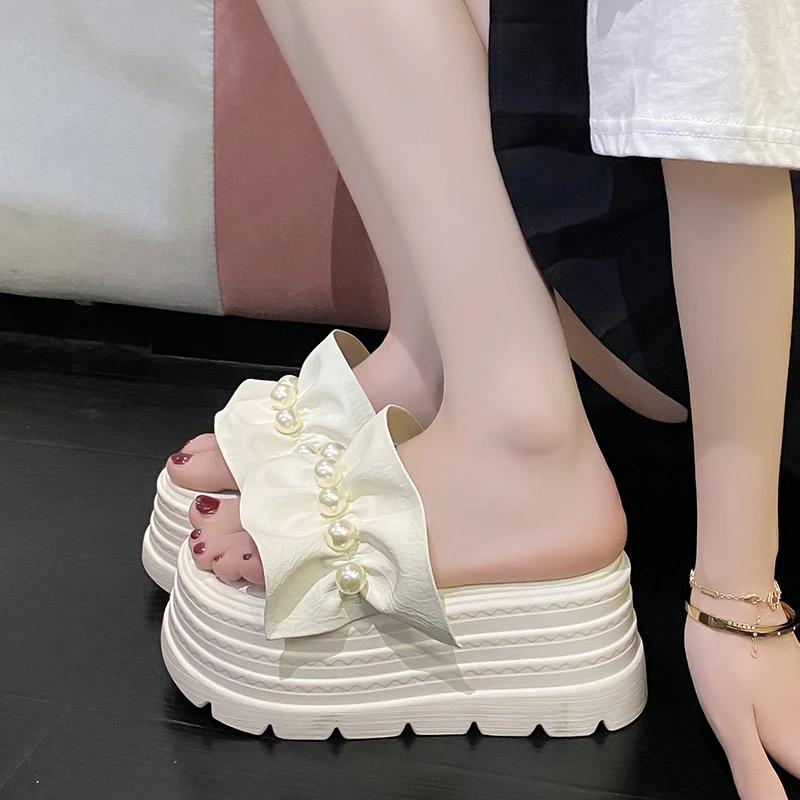 8CM Thick String Bead Slippers Women Summer New 2025 Chunky Platform Sandals Woman Flip Flops Wedges High Heels Sandalias Mujer