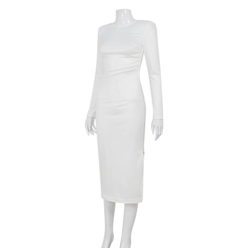 Женское осеннее модное однотонное платье с длинным рукавом и разрезом на молнии, плиссированное платье Spice Girl