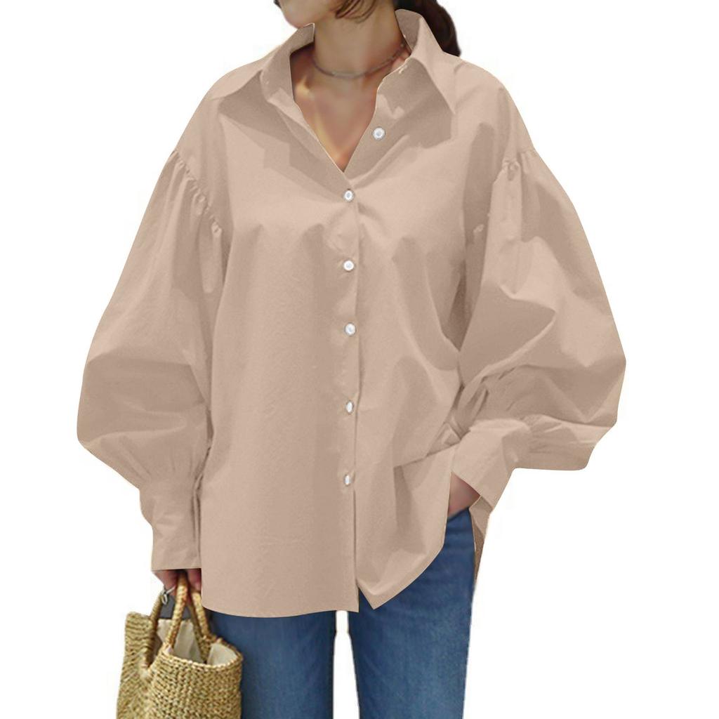 Женская рубашка весна-осень с тонкими однотонными лацканами на пуговицах, однотонная, офисная, с рукавами-фонариками