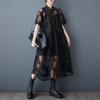 2025 New Women Summer Plus Size Dress Long Dress Short Sleeve Solid Mesh Vintage Clothing Shirt Dress