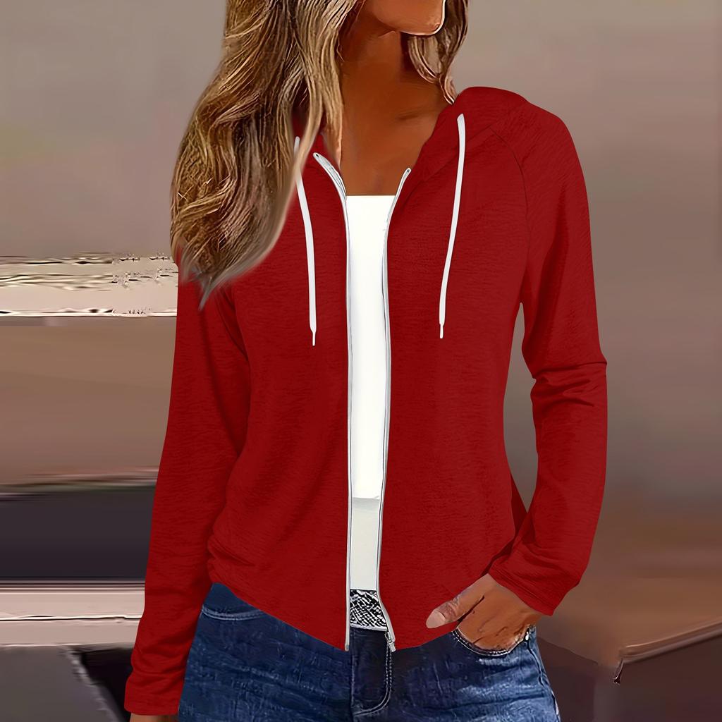 Женская мода повседневная застежка-молния с капюшоном и длинным рукавом толстовки пальто