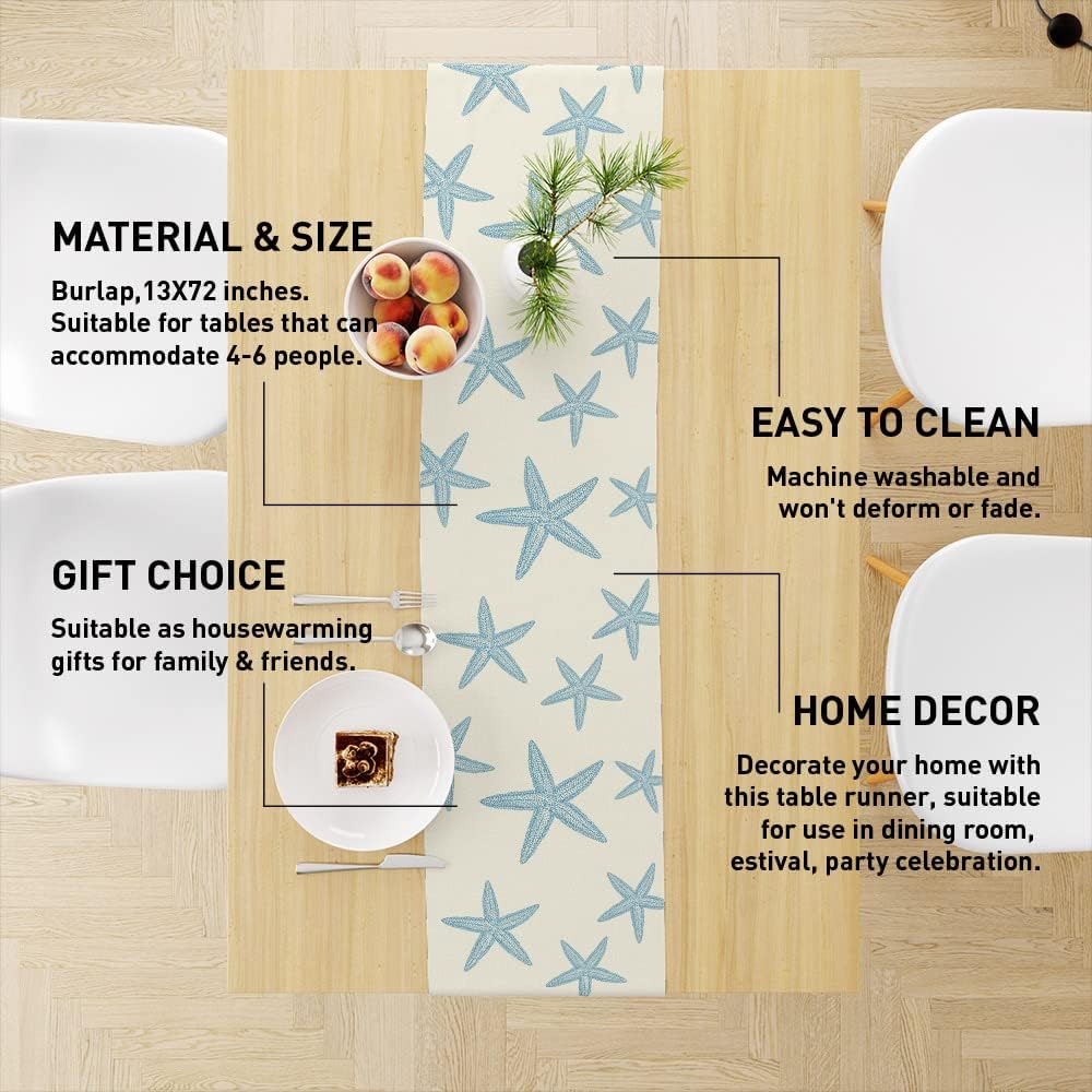 Blue Starfish Table Runner,Nautical Beach Table Runner Decor for Dinning Room Kitchen Ocean Sea Decorations for Holiday Party, Housewarming Gifts for