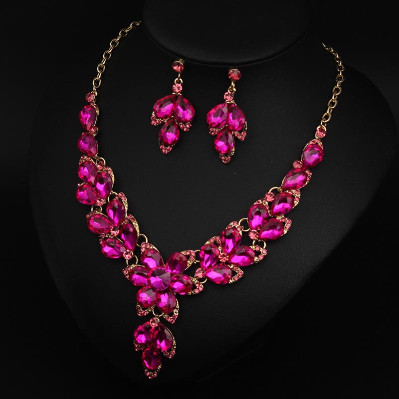 Jewelry Crystal Gemstones Flower Clavicle Necklace Earrings Set Dress Women'S Banquet Accessories