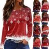 Women's Fashion Casual Slit Hem Round Neck Long Sleeve Loose Printed T-Shirt Ladies Top Christmas