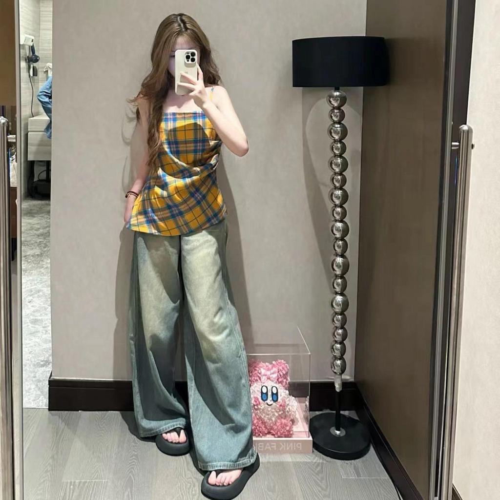 Женские винтажные джинсы из синего денима с высокой посадкой и широкими штанинами - Ретро-стирка, Свободный стиль в пол