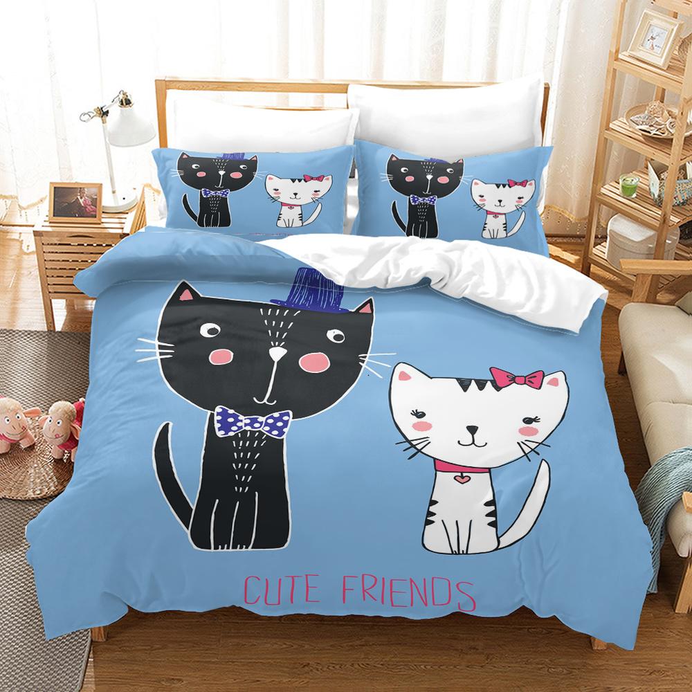 Cartoon Cat King Full Queen Duvet Cover Lovely Pet Kitty Bedding Set Animal Quilt Cover 2/3pcs Purple Polyester Comforter Cover