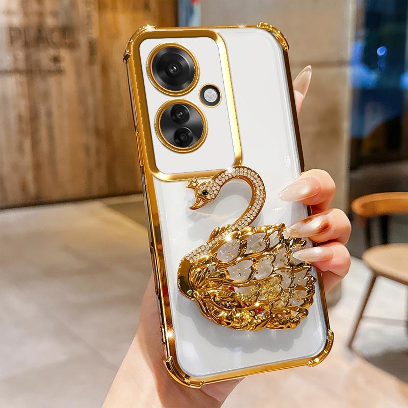KEYSION Противоударный чехол с гальваническим покрытием для OPPO Reno11 F 5G Прозрачный ТПУ с блестками, инкрустированный драгоценными камнями, подставка в виде лебедя, задняя крышка для OPPO Reno11F 5G