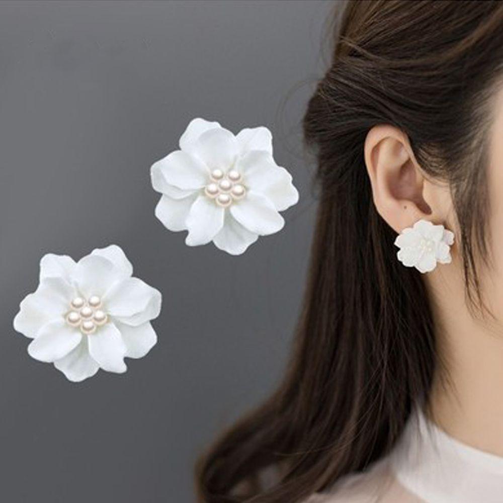 Bohemian Jewelry Inlay Beads Big White Flower Simulated Pearl Camellia Stud Earrings