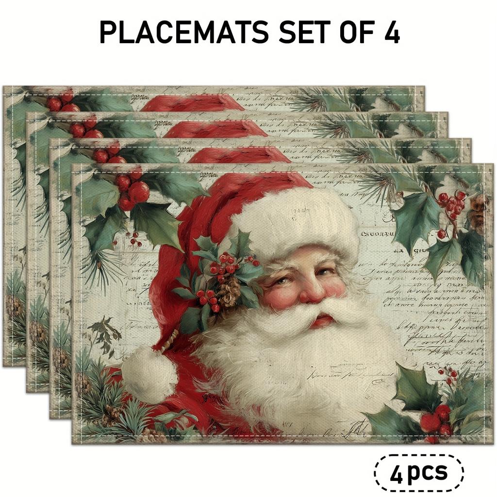 4pcs/6pcs Vintage Style Santa Claus Placemats, Vintage Letter Paper Linen Table Mats, Featuring Traditional Christmas Elements Like Holly Leaves, Red