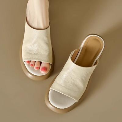 Версия из коровьей кожи~ Удобные мягкие кожаные тапочки женские летние модные не утомляют ноги, толстая подошва, шлепанцы на один ремешок, мамины прохладные тапочки