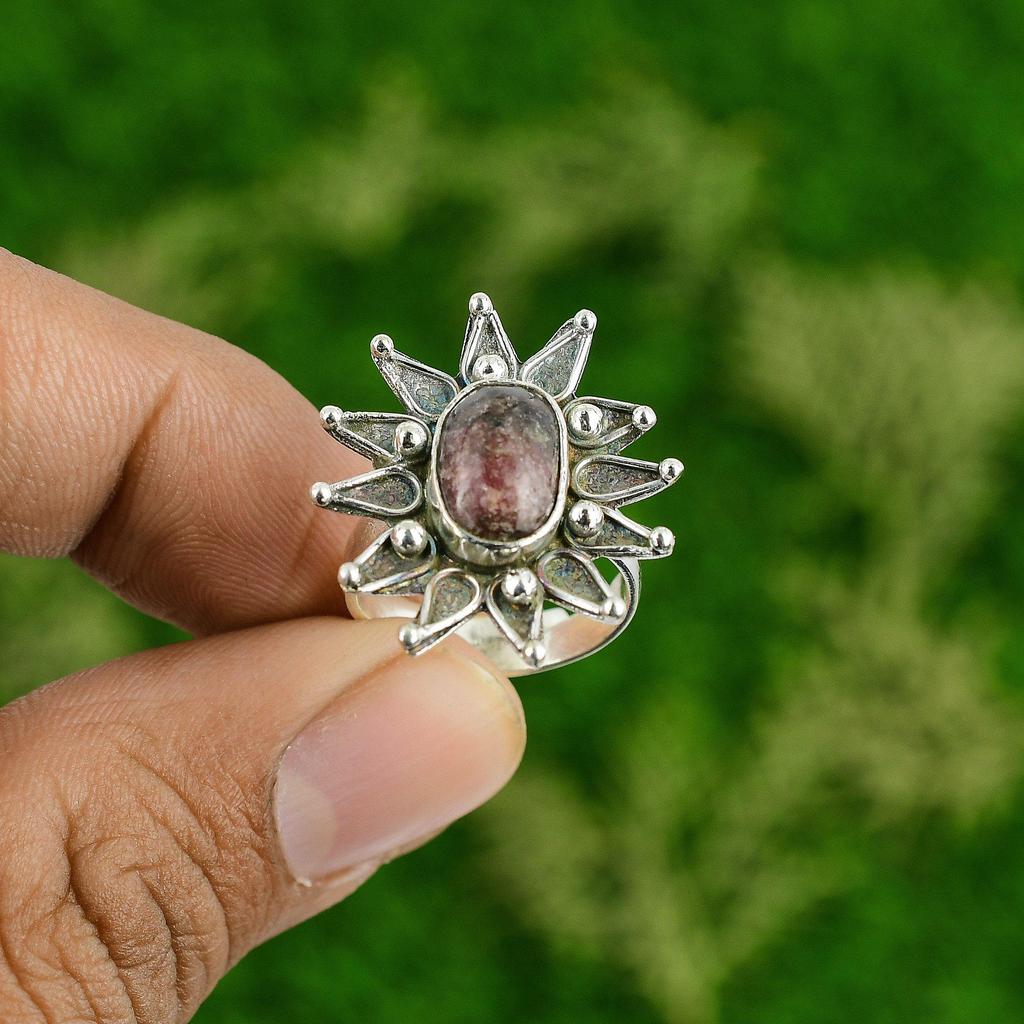 Rhodonite Stone Anniversary Flower Daughter Promise Statement Ring 925 Silver