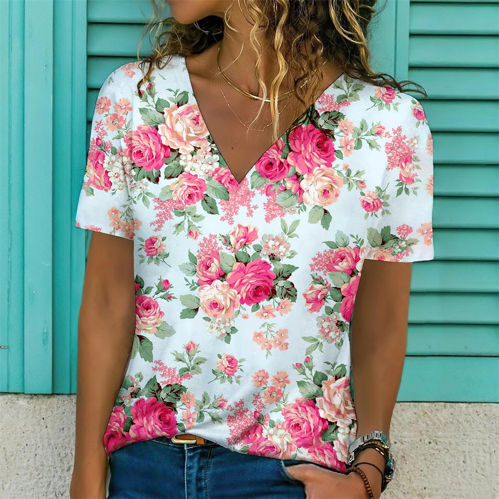 Летний топ с V-образным вырезом, 3D-принтом с красивым цветочным узором, модная повседневная женская футболка с коротким рукавом