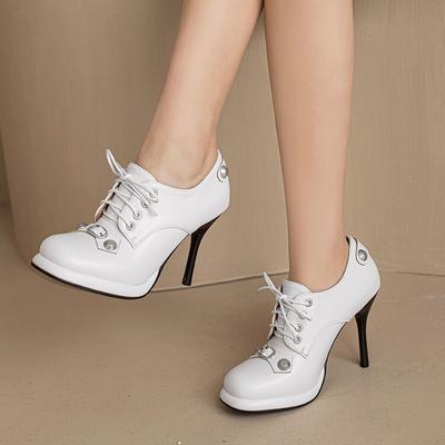 FOREADA Женские туфли-лодочки из искусственной кожи на платформе, тонкий высокий каблук, круглый носок, заклепки, шнуровка, гладиаторский стиль, для вечеринки, весенне-осенняя обувь, черные