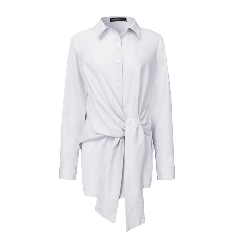 ZANZEA Стильная женская блузка из полиэстера с длинным рукавом с завязками в узел спереди