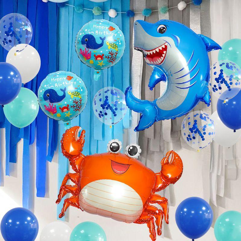Ocean Animal-themed Birthday Happy Balloon Set - Crab, Shark, Blue Sequined Ocean Balloons - Birthday Party Decoration for Celebration