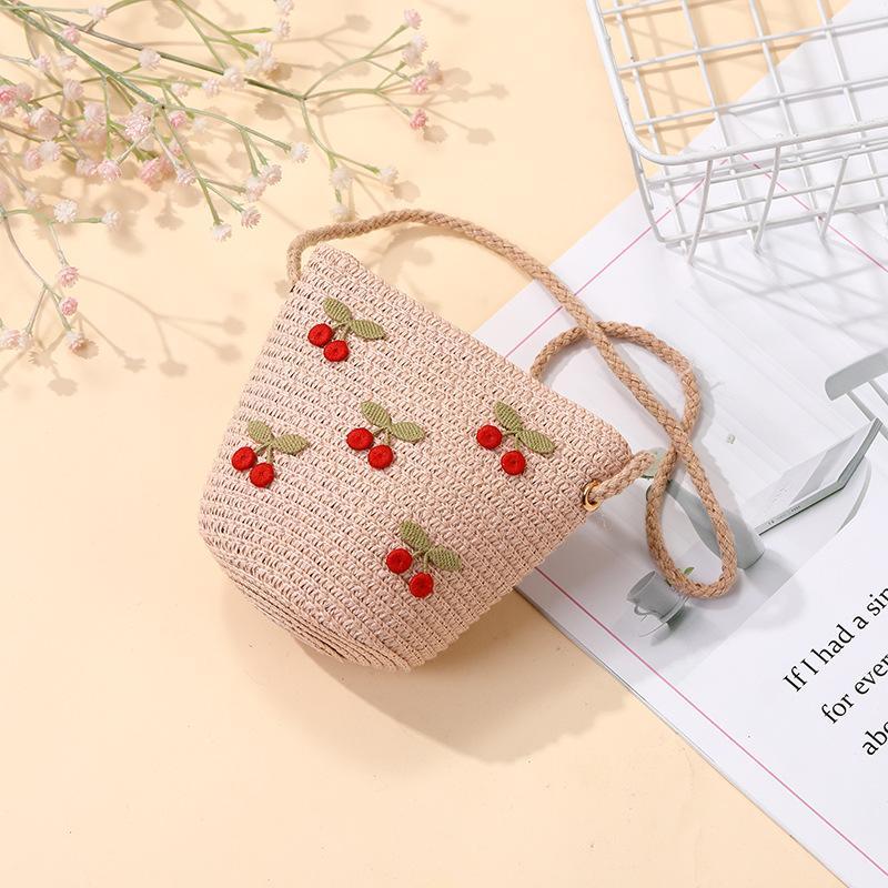 Girls Foldable Straw Crossbody Bag Cute Red Cherry Print Lightweight Woven Purse for Kids Summer Holiday