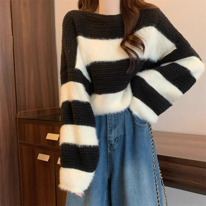 Женский короткий полосатый свитер, женский осенне-зимний ретро-контрастный свободный свитер в стиле ленивой вязки
